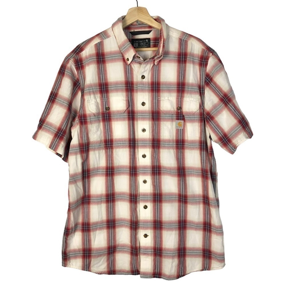 Carhartt Tall Red & White Plaid Loose Fit Short Sleeve Button Down L